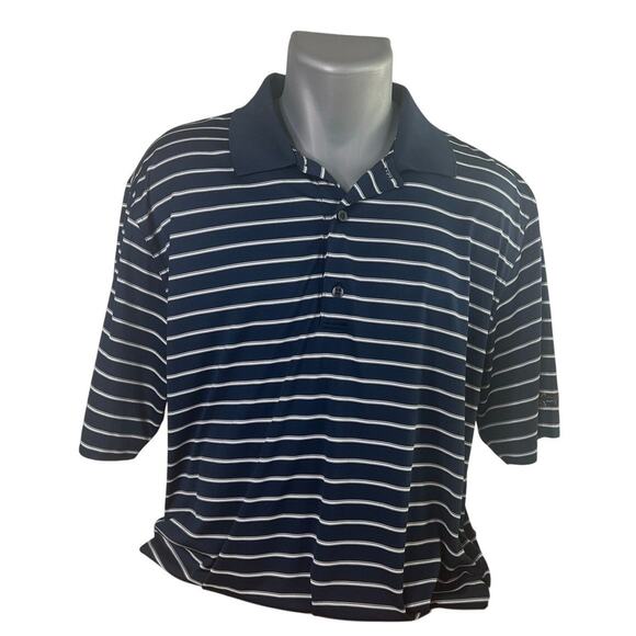 Greg Norman Men's Play Dry Navy Blue and White Striped Golf Polo Size Large - Picture 1 of 9